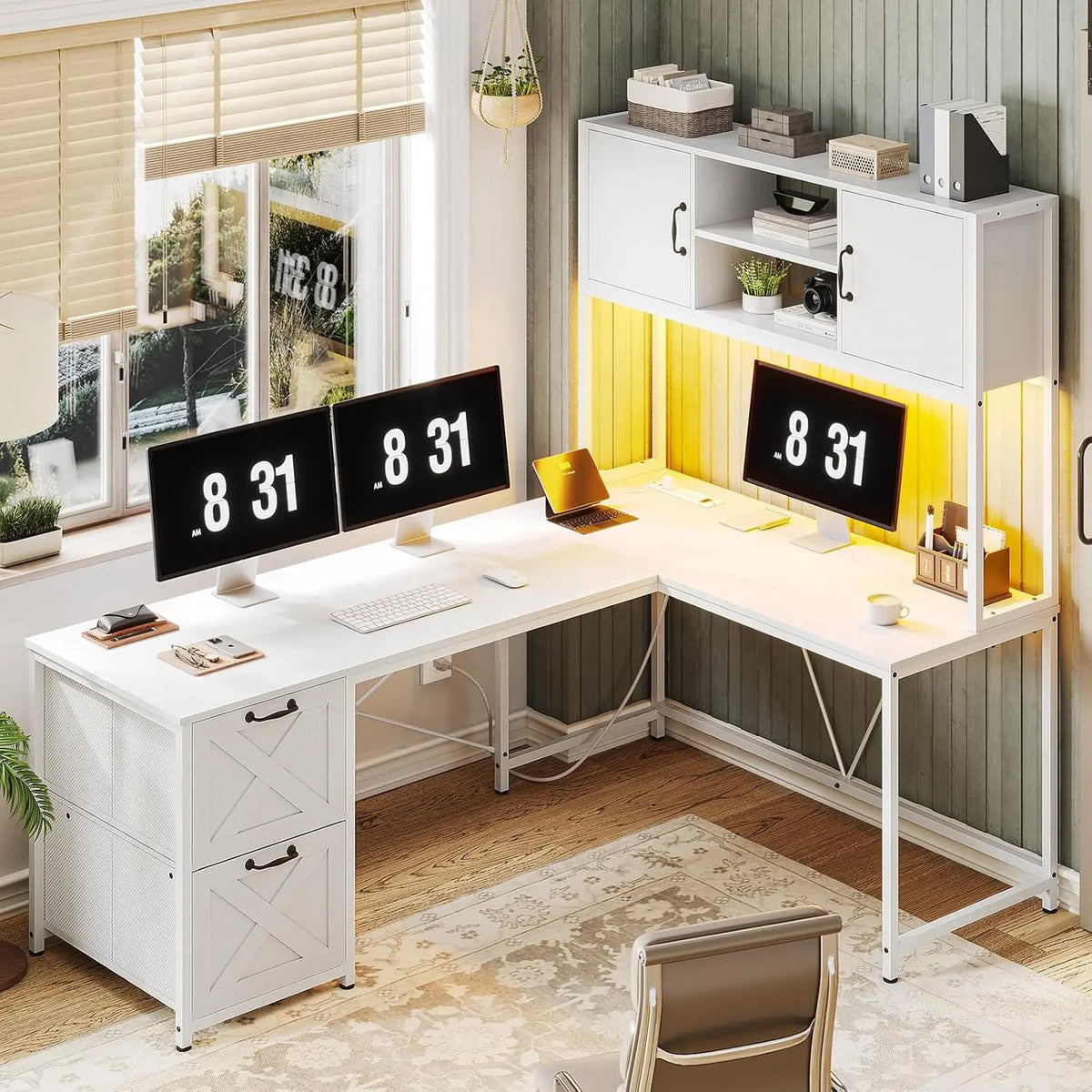 L Shaped Gaming Desk with Drawers LED Lights Power Outlet Hutch Storage Shelf Home Office Grey, Customized
