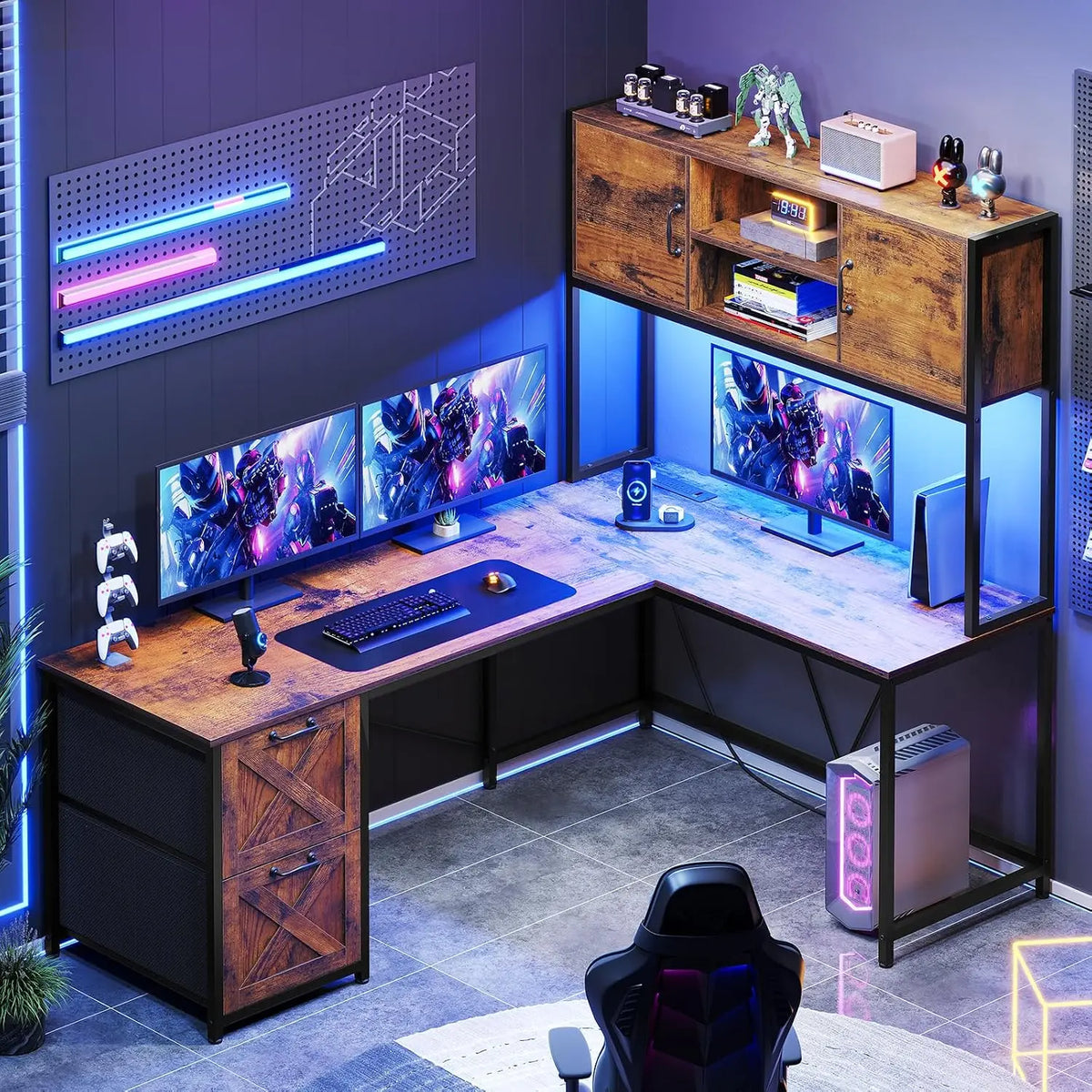 L Shaped Gaming Desk with Drawers LED Lights Power Outlet Hutch Storage Shelf Home Office Grey, Customized