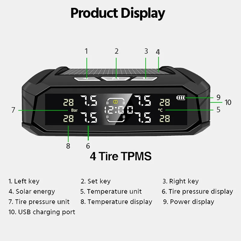 E-ACE Car TPMS Sensor 8 Bar Smart System For Car Truck With Car Electronic Clock Auto Intelligent System Solar Power LCD Display