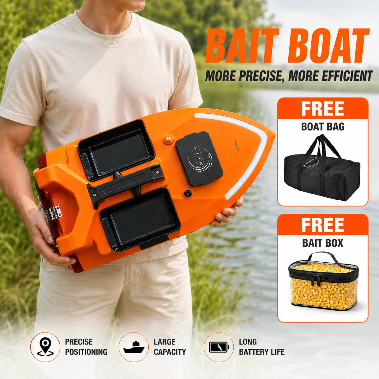 GPS RC Bait Boat with 40 GPS Points, Smart Return, Long Battery Life, 2KG Load, Free Boat Bag & Bait Box