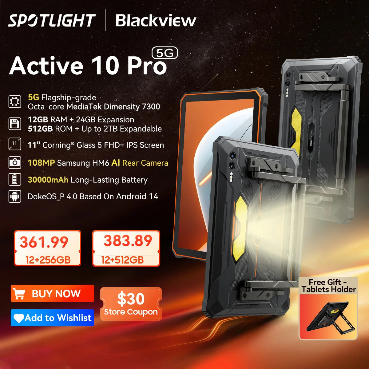 [World Premiere] Blackview Active 10 Pro Rugged Tablets 5G MTK 7300, 11" FHD+ Display, 12GB 512GB, 30000mAh Battery 108MP Camera