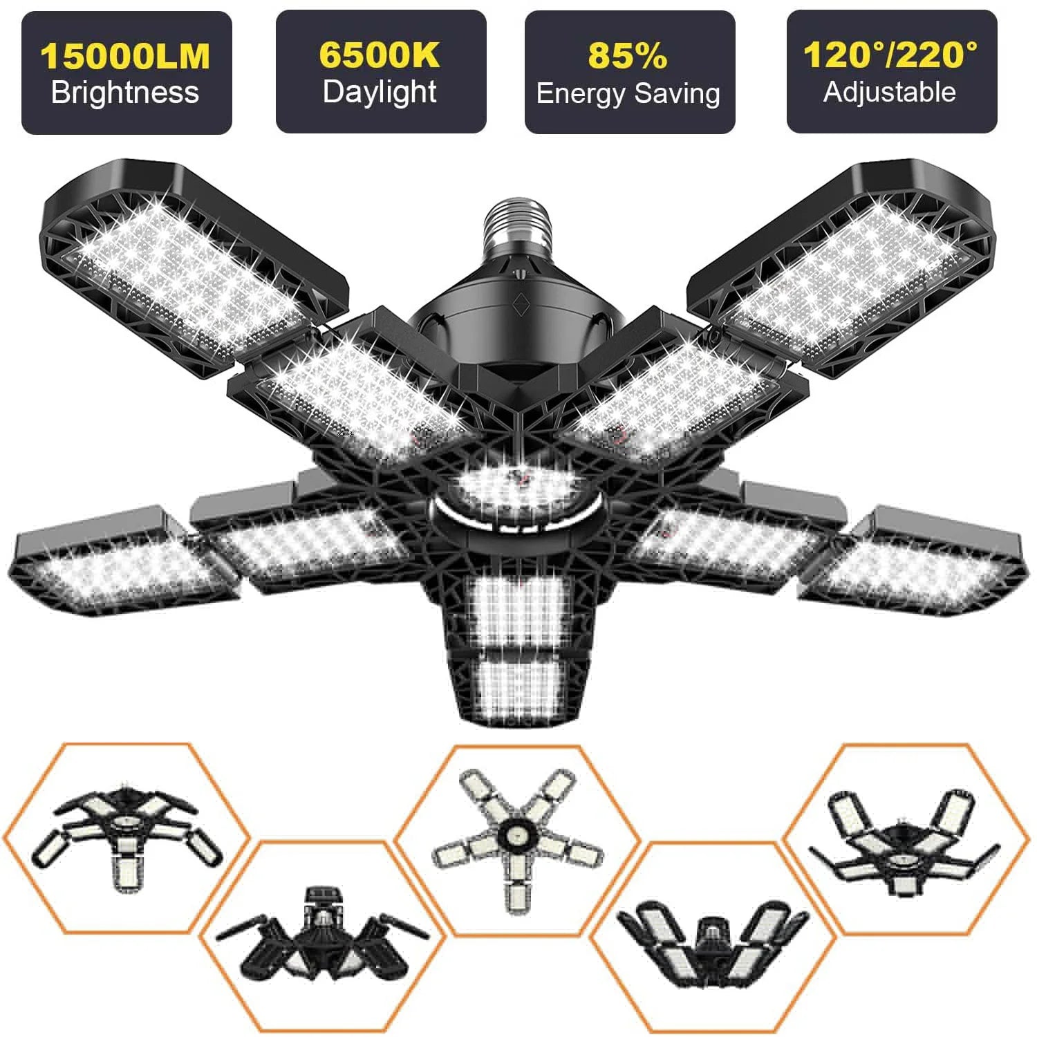 LED Garage Lights with 7/10+1 Adjustable Panels E26/E27 Ceiling Shop Work Lamp 150W 6500K Bulb for Workshop Industrial Lighting