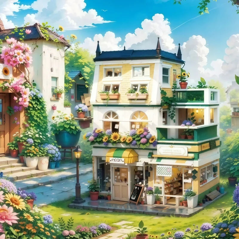 Garden Hotel Building Blocks Set, 3-Story City Street View Bricks Model, Creative DIY Assembly Toy for Kids Adults, Collectible