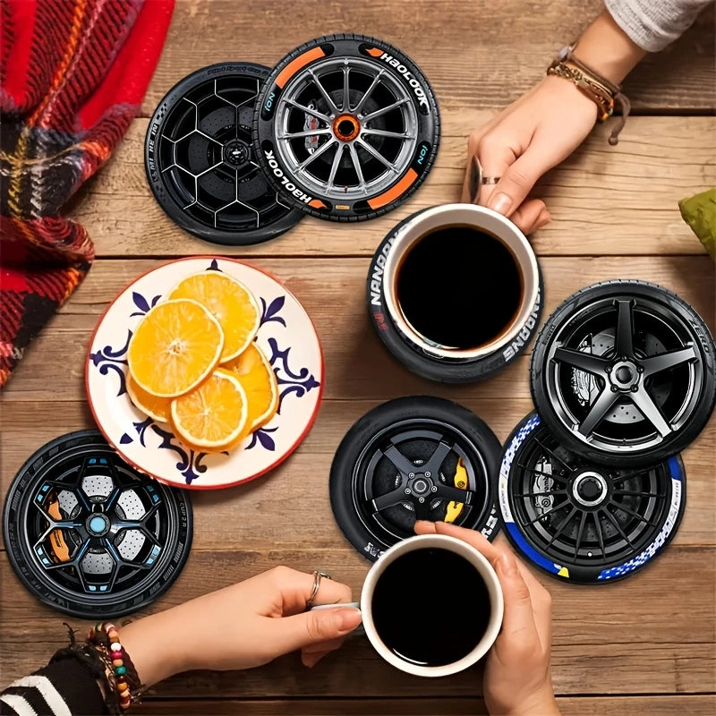 8 Pcs 2D Wooden Coasters Tire Saucer Heat Resistant Non-Slip Home Office Bar Cafe Restaurant Holiday Birthday Gift Durable