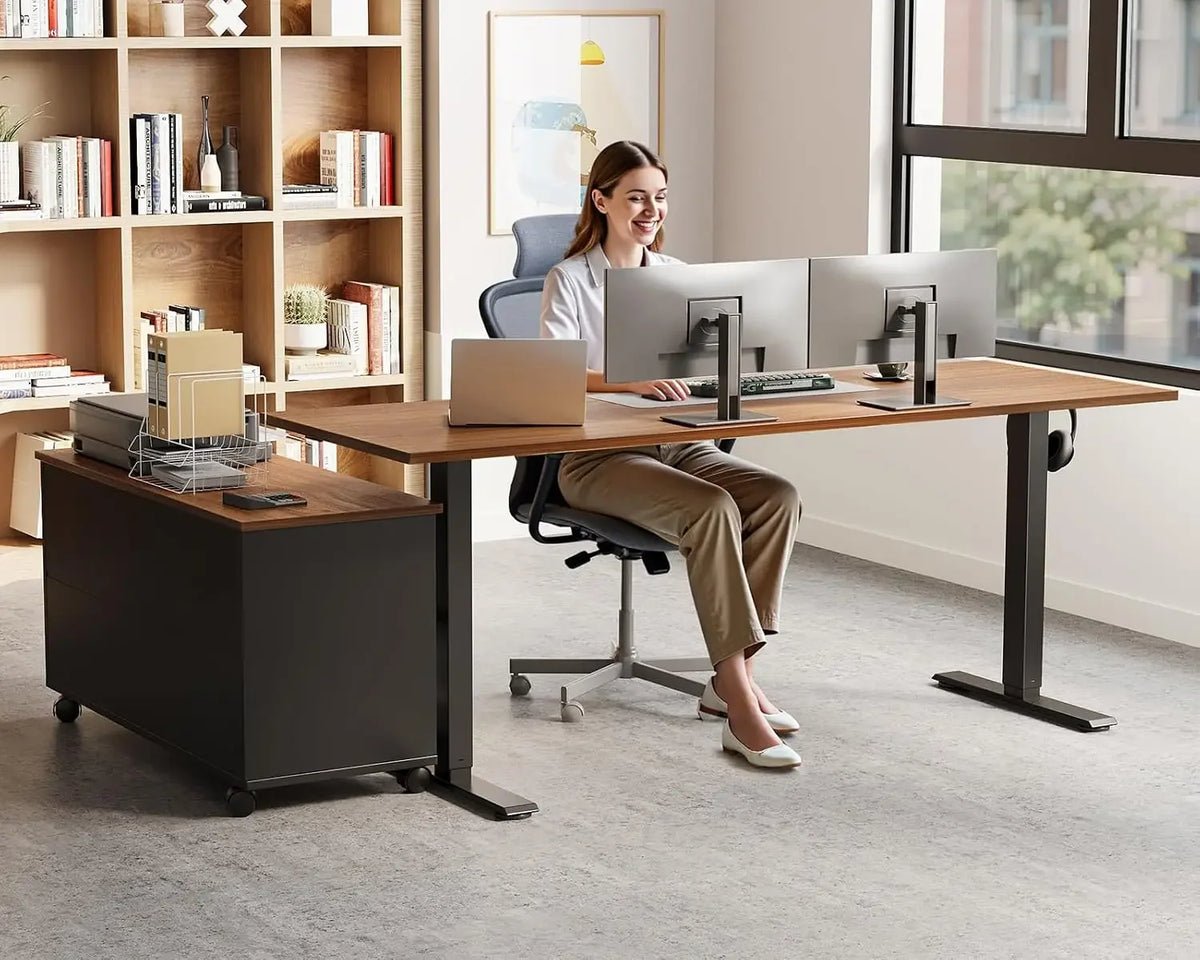 USA Stock 55" L Shaped Electric Standing Desk with Cabinet Sets, Walnut/Black | Mobile Drawers & File Cabinet Sets for Flexible