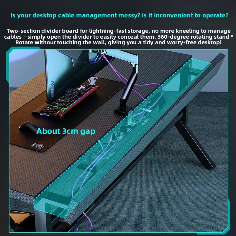Two-Section Split Solid Wood Computer Gaming Desk  | Ergonomic Home Office Workstation Furniture in Carbon Fiber Style
