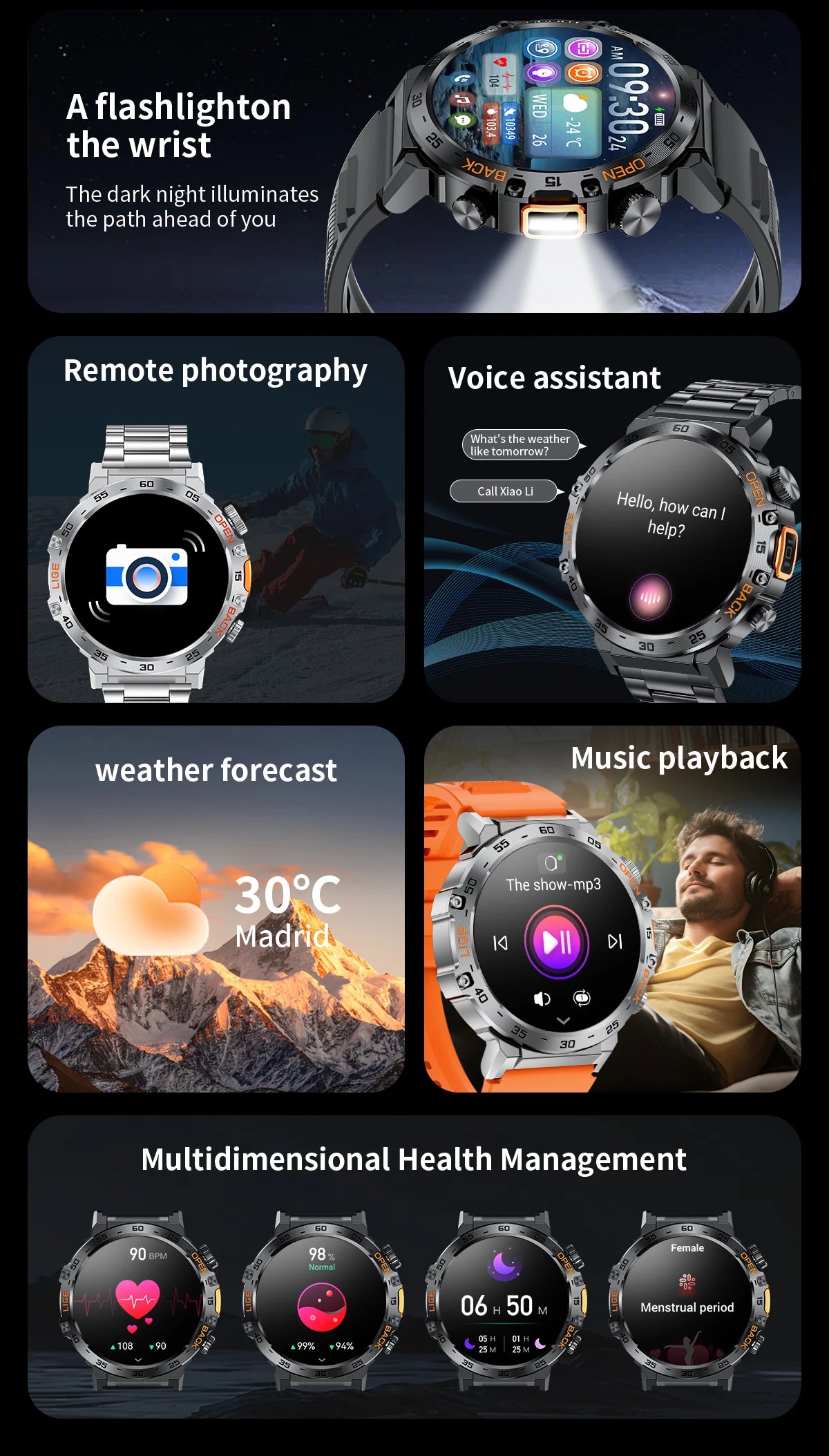Stay active and connected with this men's smart watch featuring an HD screen, waterproof design, sports fitness tracking, and a handy flashlight—compatible with Android and iOS!