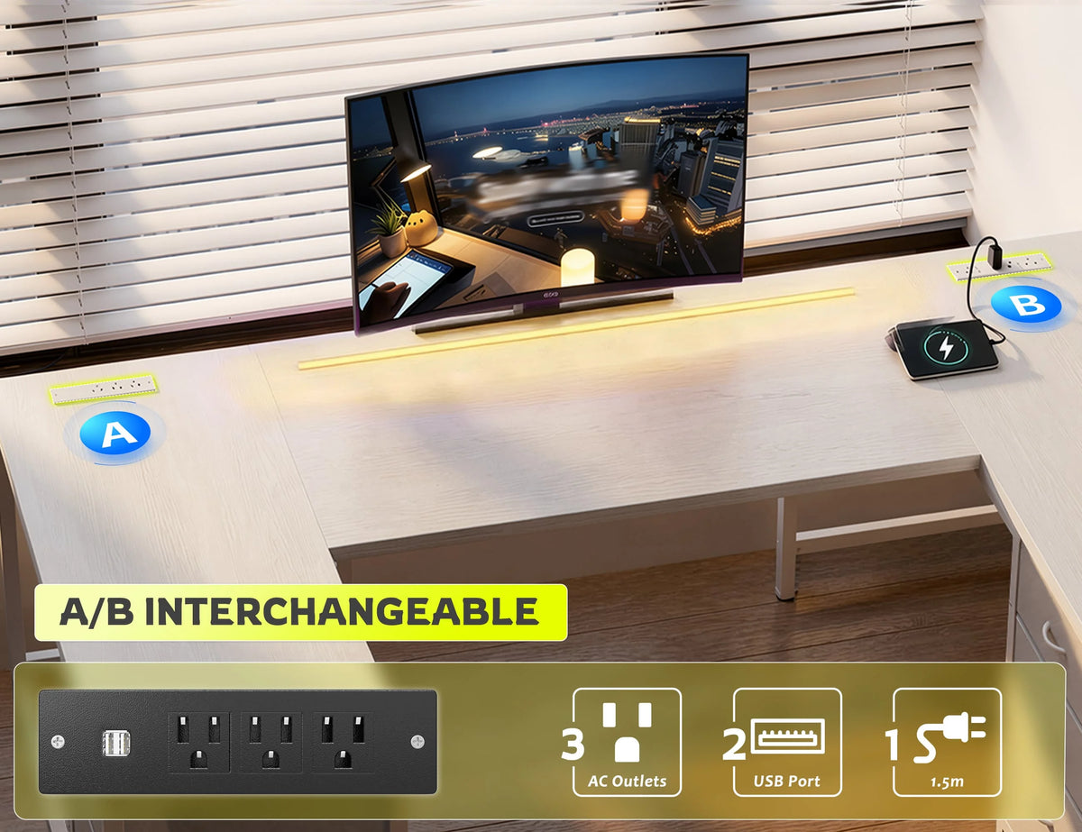 U Shaped Gaming Corner Desk 67" | Computer Desk Home Office Desk with 6 Drawers, Power Outlets, LED Lights for Bedroom Office