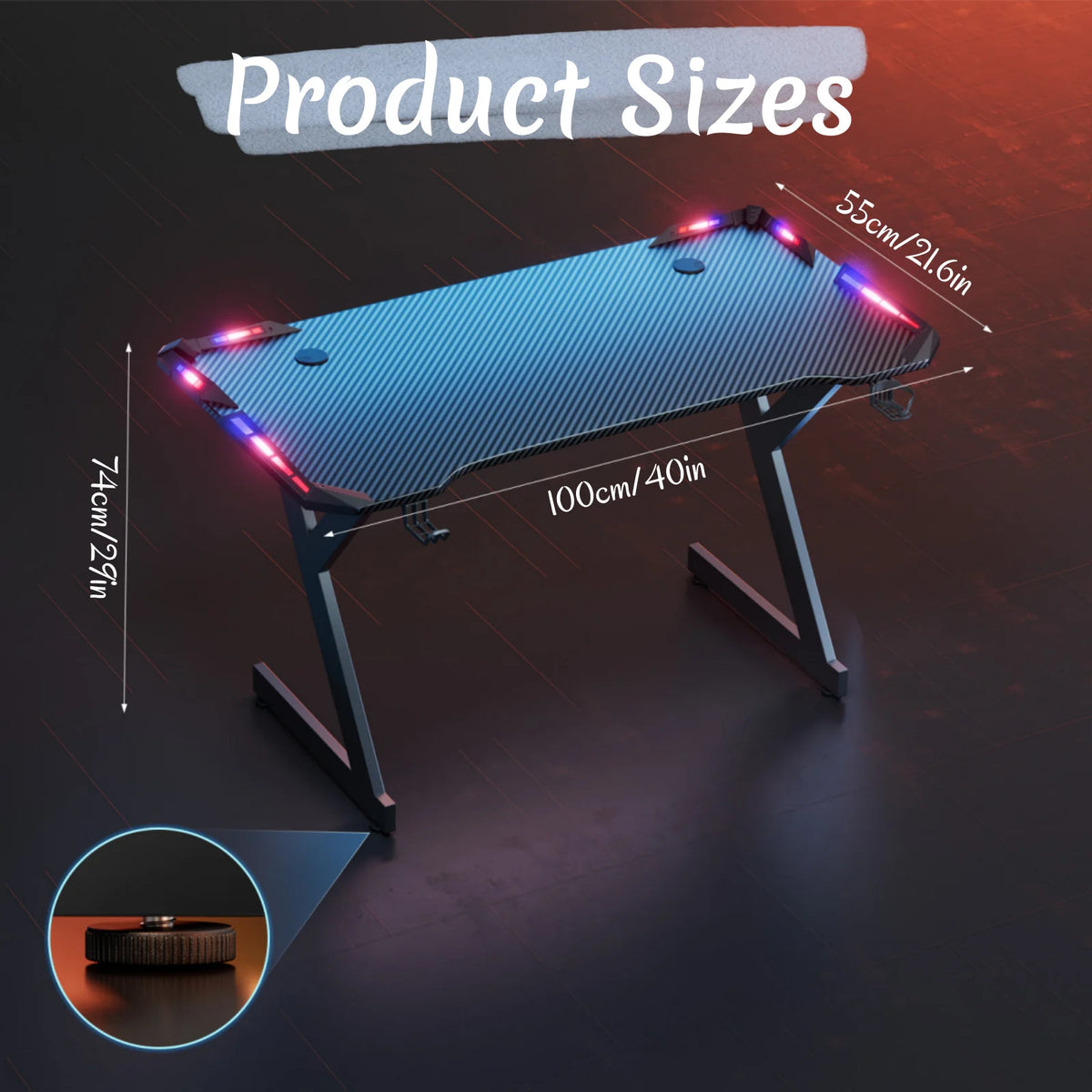 Y‑Shaped Gaming Desk with RGB LED Lights, Ergonomic Carbon‑Fiber Surface PC Workstation Table with Headphone Hook & Cup Holder