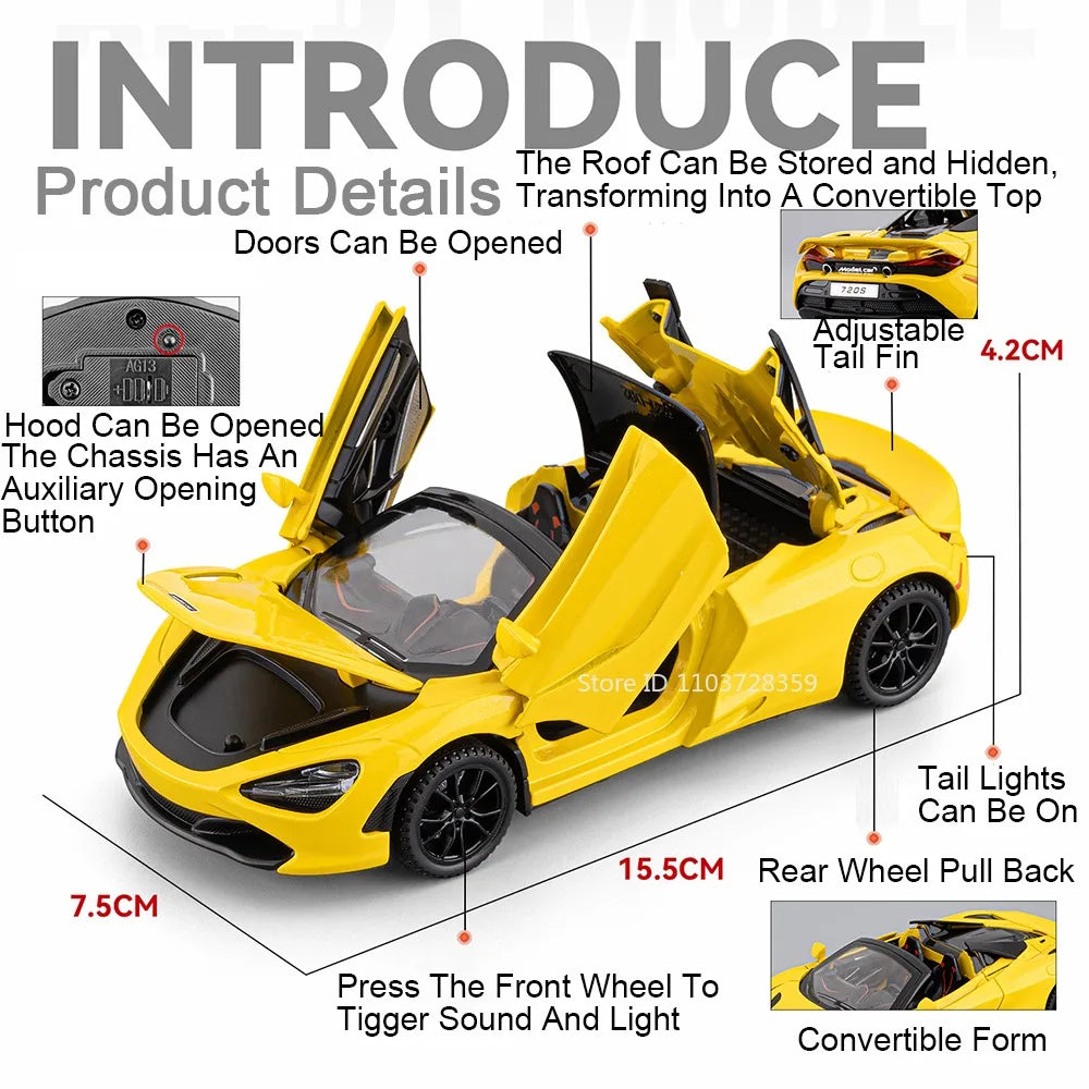 1:32 720S Senna Model Toy Sports Cars Alloy Diecast Sound Light Exquisite Interior Pull Back Supercar Models for Kids Presents
