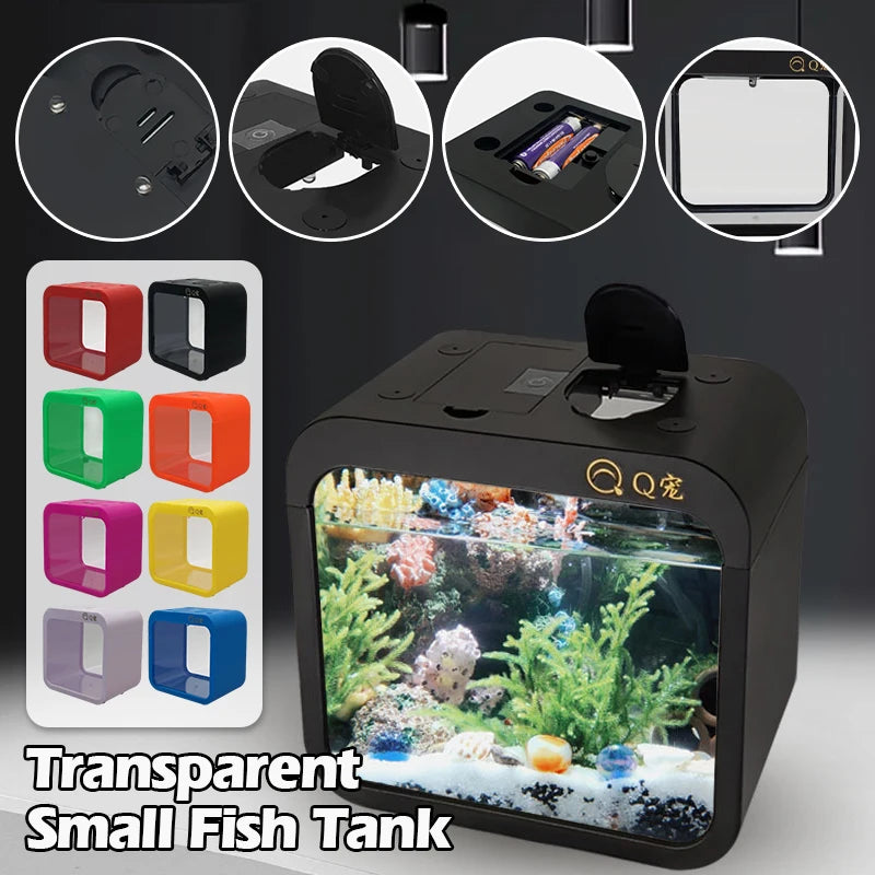 Desktop Transparent Acrylic Fish Tank Plastic Small Goldfish Tank Creative Aquarium with LED Light Decoration (No Batteries)
