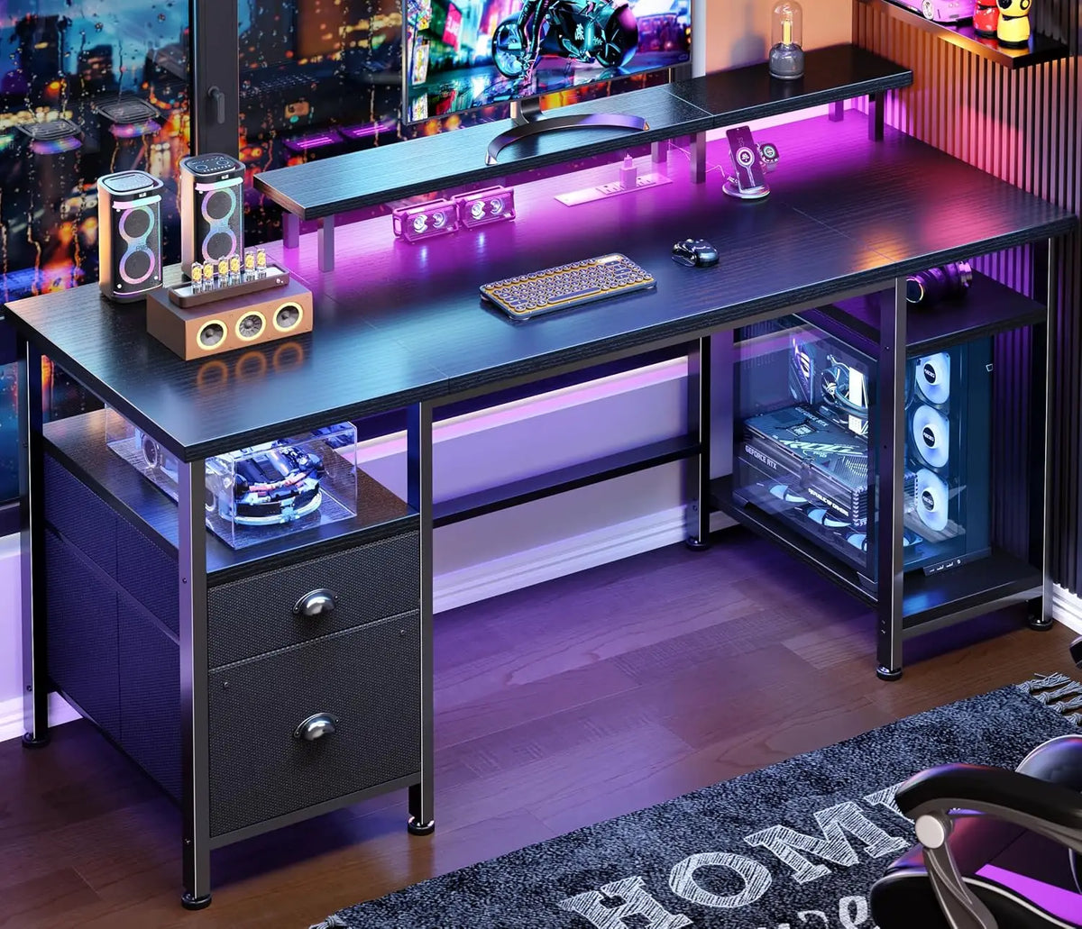 51" Gaming Desk with Power Outlets & LED Lights, Reversible Computer Desk with File Cabinet & Monitor Stand for, Customized