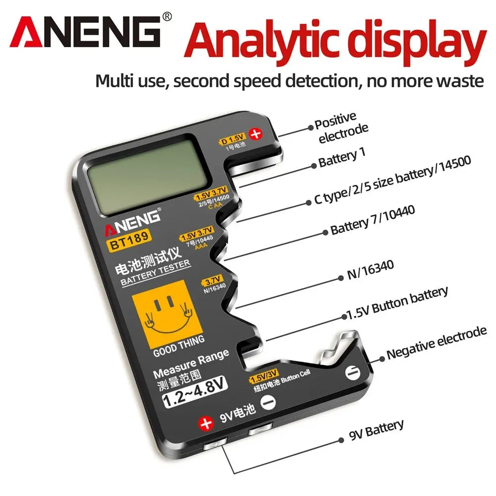 Quickly check your batteries with this universal button cell battery tester—compatible with 9V, N, D, C, AA, and AAA sizes, featuring an easy-to-read LCD display!