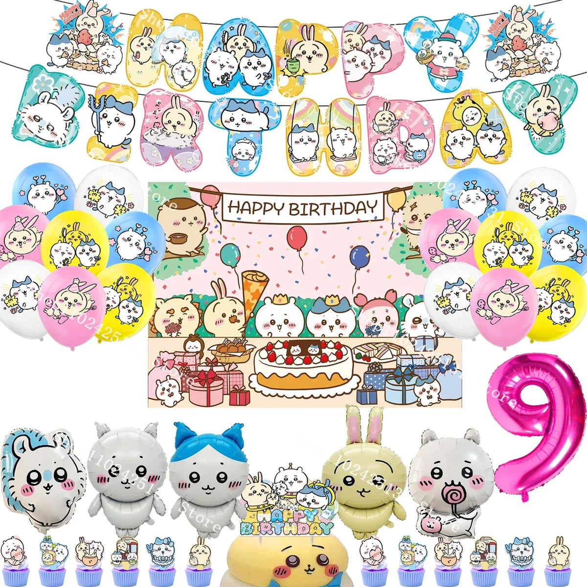Chiikawa kawaii Happy Birthday Party Decorations Cute plate Banner Cake Topper Flag Balloons Disposable tableware Decorations