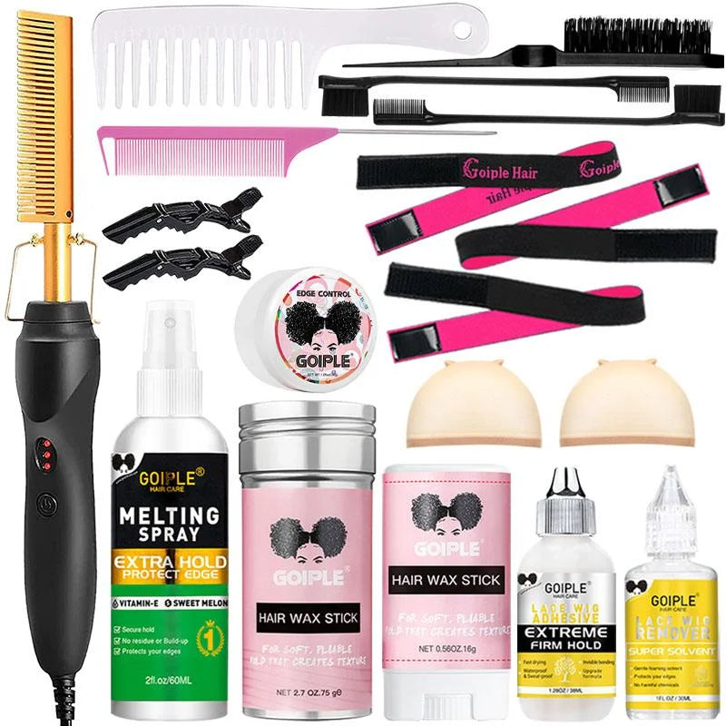 Electric Hot Heating Comb Curling Iron Pressing Comb for Wig Fast Heating Straightening Brush Hair Wax Stick Styling Tool Set
