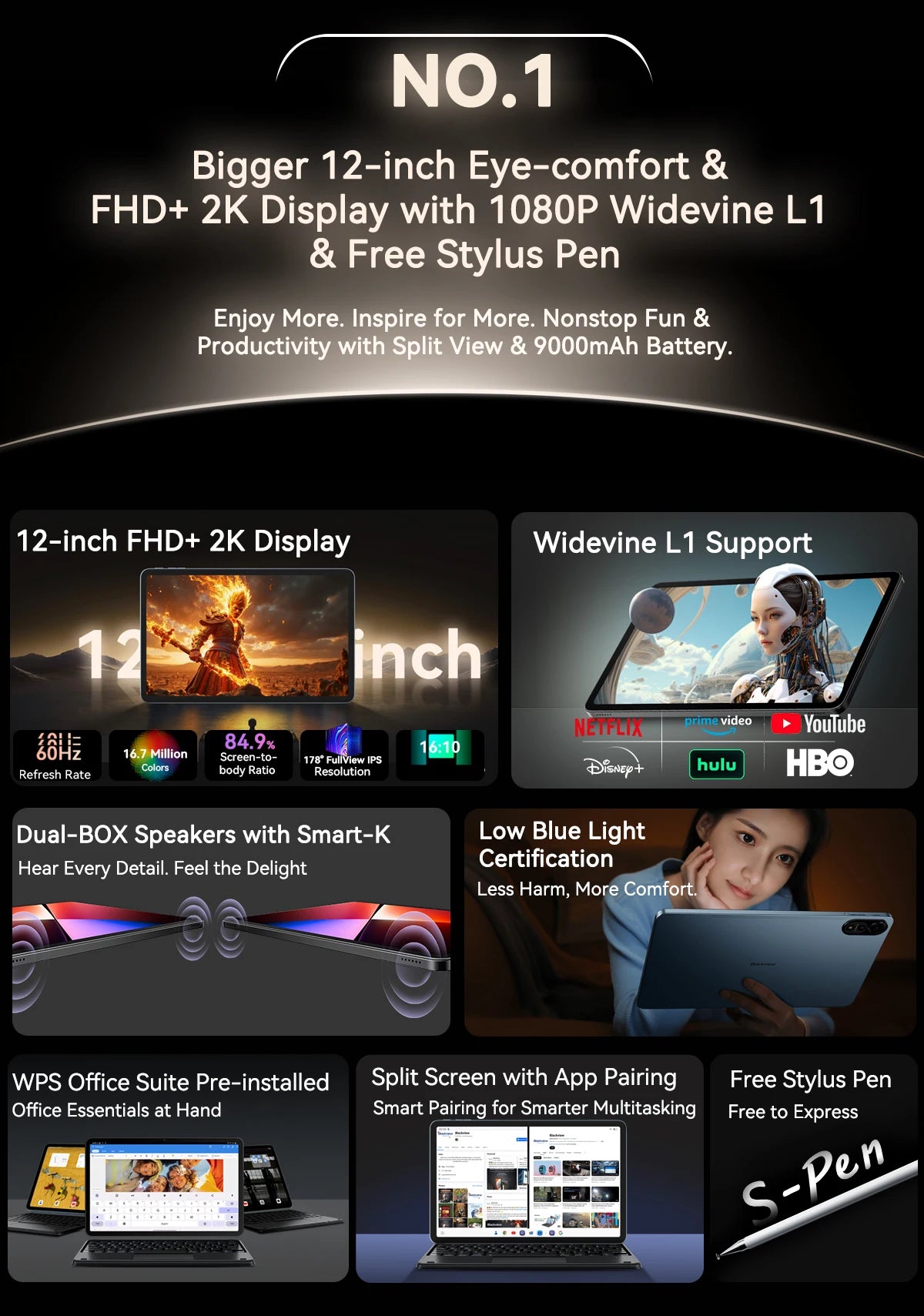 Blackview MEGA 2 Android 15 Tablet 12 inch 2K Display 36(12+24)GB 256GB Unisoc T615 9000mAh Battery Widevine L1 Pad PC