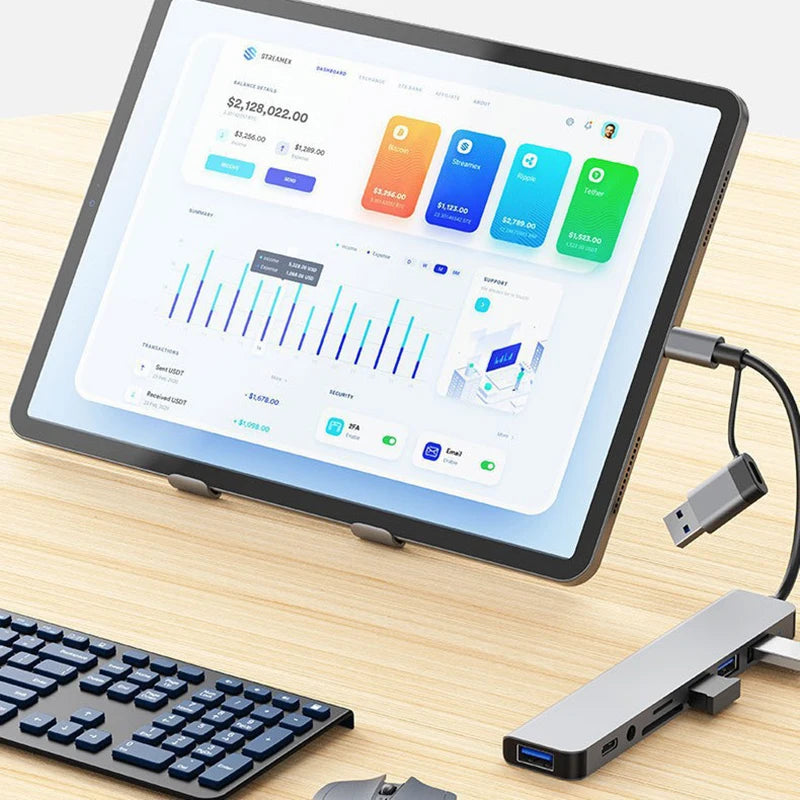 Expand your connectivity with this 8-in-2 USB + Type-C hub docking station—featuring multiple USB ports and a convenient card reader for seamless device access! Card Reader Laptop Tablet Phone Disk Converter