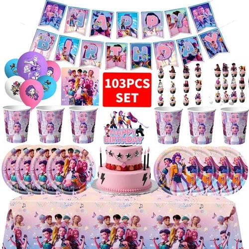 Happy Birthday Party Decoration Character Anime Tableware Plate Cup Balloon Set Banner Backdrop Gift Bag Keychain Party Supplies