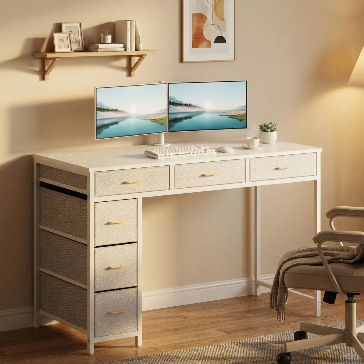 47 Inch Office Desk with Storage, Computer Desk with 6 Drawers, Wood Writing Desk for Home Office, Bedroom, Gaming, Study