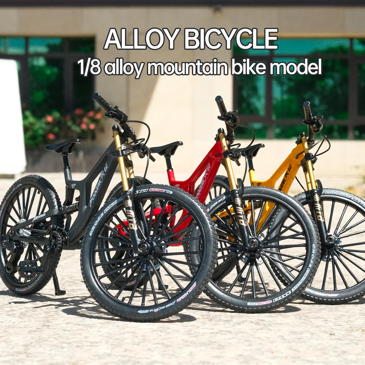 European bikes 1:8 Alloy Mountain Bike Model With Base Features Realistic Gears Dual Suspension, Perfect for Cycling Enthusiasts