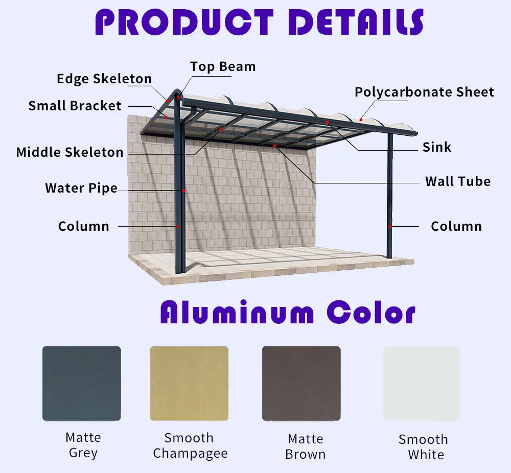 Waterproof Polycarbonate Canopy Door Window Awning Outdoor Sun Shade Rain Cover UV Protection Entrance Porch Patio Shelter