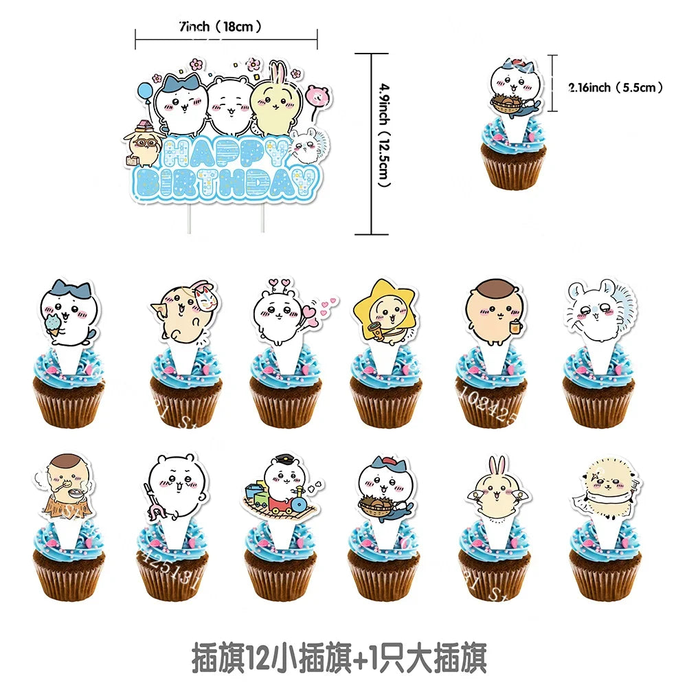 Chiikawa kawaii Happy Birthday Party Decorations Cute plate Banner Cake Topper Flag Balloons Disposable tableware Decorations