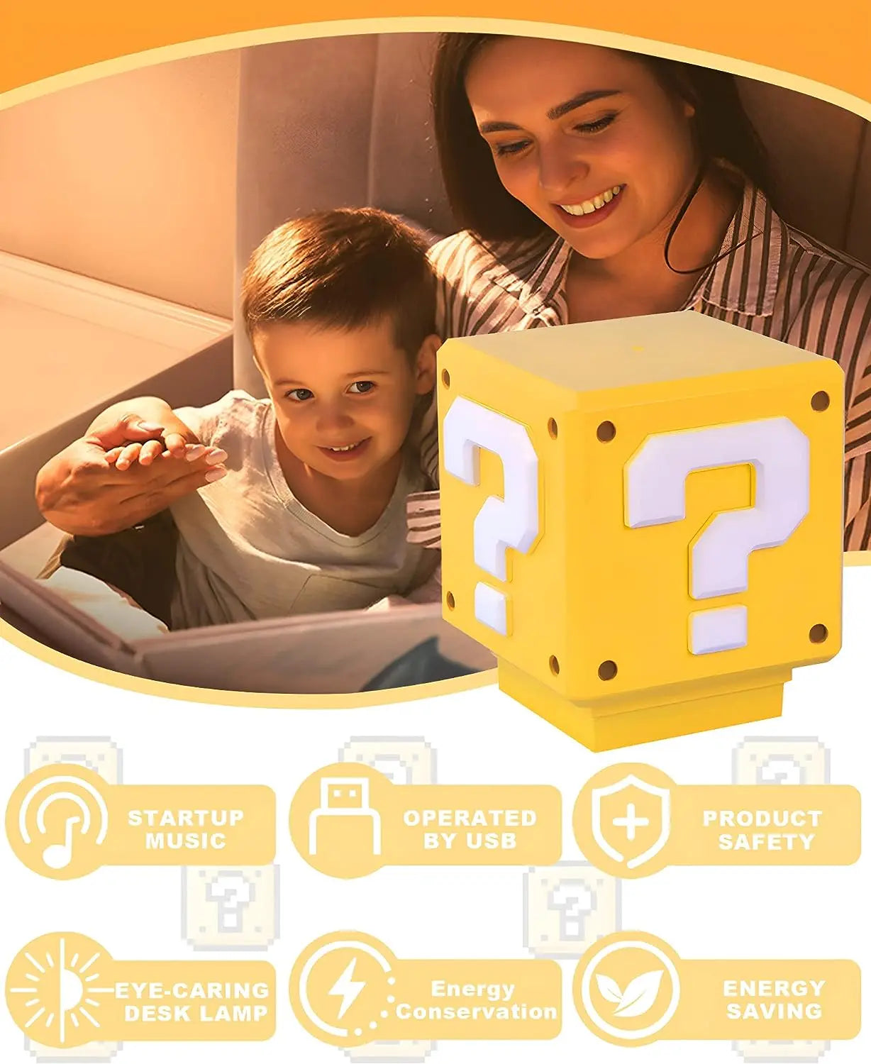 Super Bros Toys Question Block Night Light for Kids with Game Sound Effects, Bedside Lamp NightLight Decor As Gift for Christmas