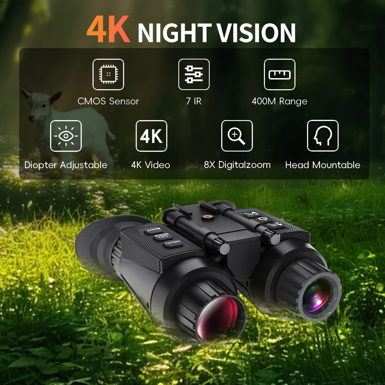 8300 4K Head-Mounted Night Vision Goggles & Binoculars for Adults – Infrared NVG with Manual Focus & 8X Digital Zoom for Hunting, Camping, and Outdoor Surveillance
