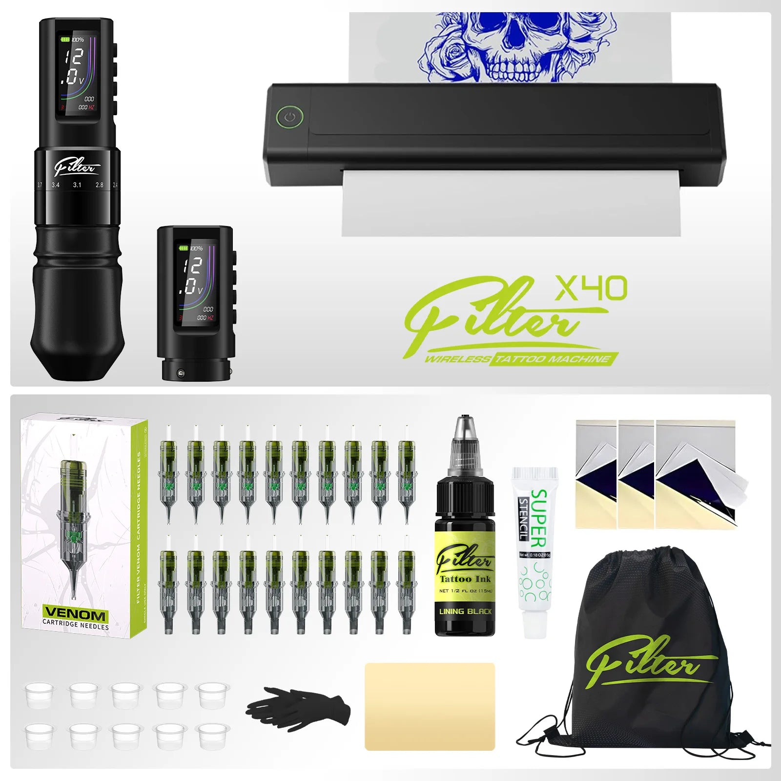Filter X40 Tattoo Machine  Printer Kit 7 Strokes 2.0-4.0mm Tattoo Machine Pen with Extra OLED Digital Display 1600mAh Battery