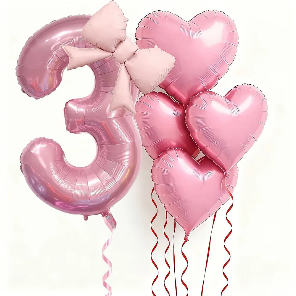 6pcs Pink Bow Heart Balloon with 32Inch Pink Number Foil Balloon for Birthday Party Wedding Engagements Anniversaries Decoration