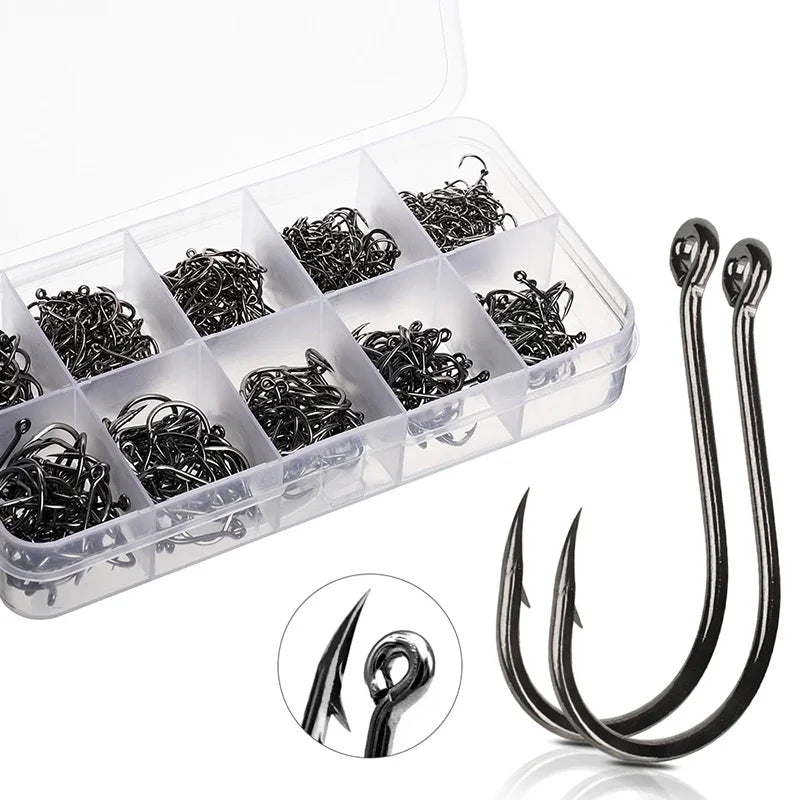 600/100Pcs Fishing Hooks Set Mixed Size High Carbon Steel Carp Rope Carp Fishhook Fishing Accessories Offset Circle Hook