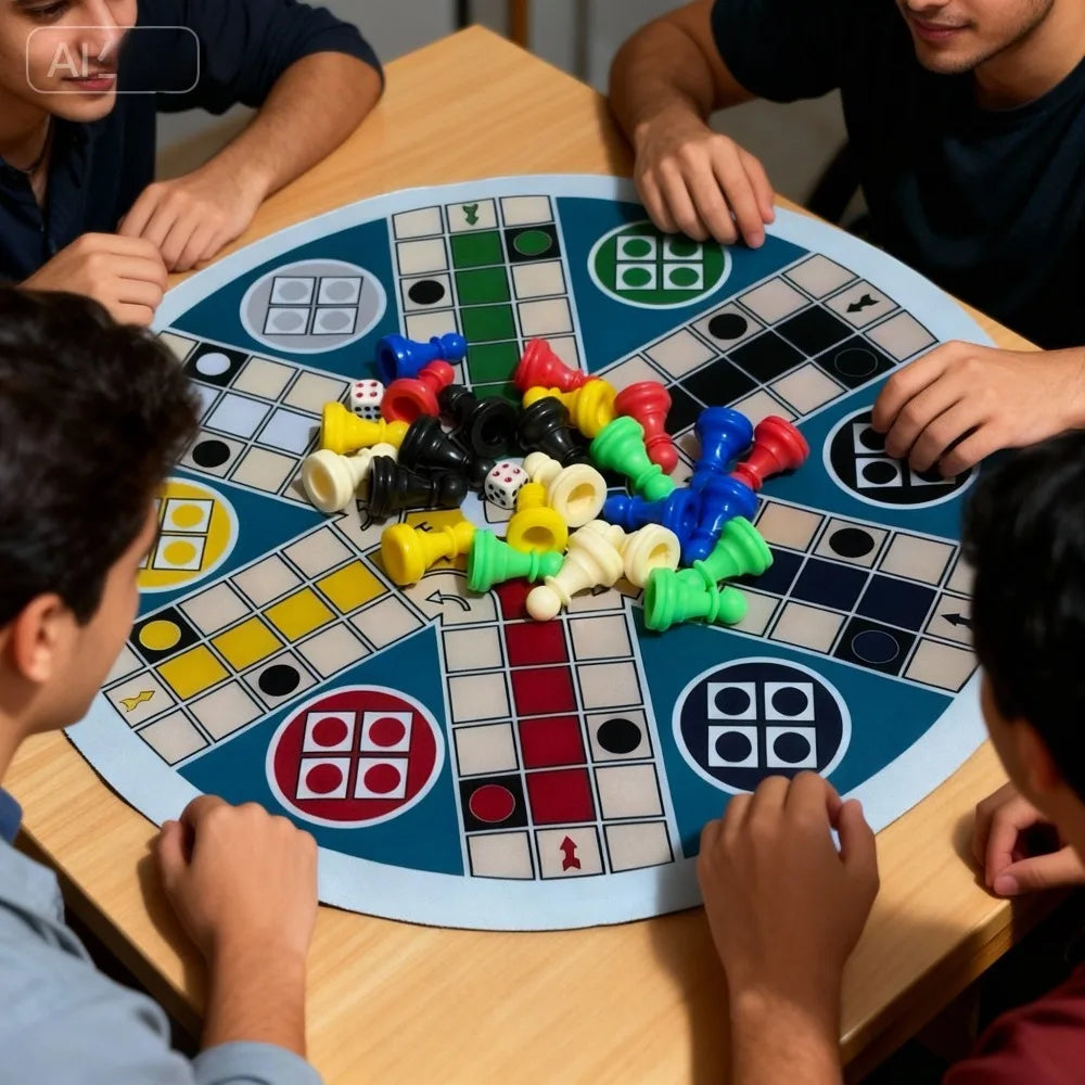 LUDO Game Board 6-Player Big Size 35CM/13.78IN - INCLUDE: 1 Circular Chess Mat, 24 Pieces in 6 Colors, 2 Dice