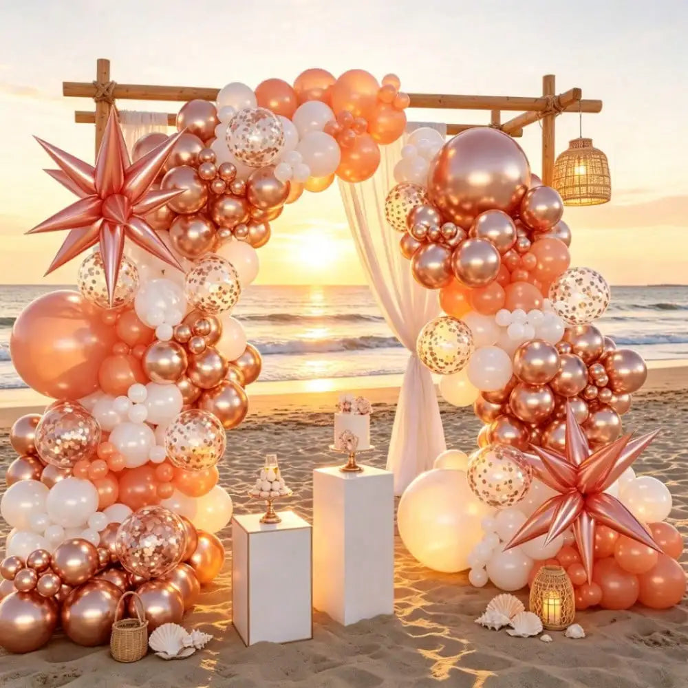 99pcs Rose Gold Orange White Balloon Garland Arch Kit, Star Foil Balloon & Gold Confetti Balloons, Boho Beach Wedding Bridal Shower Birthday Party Decor Supplies