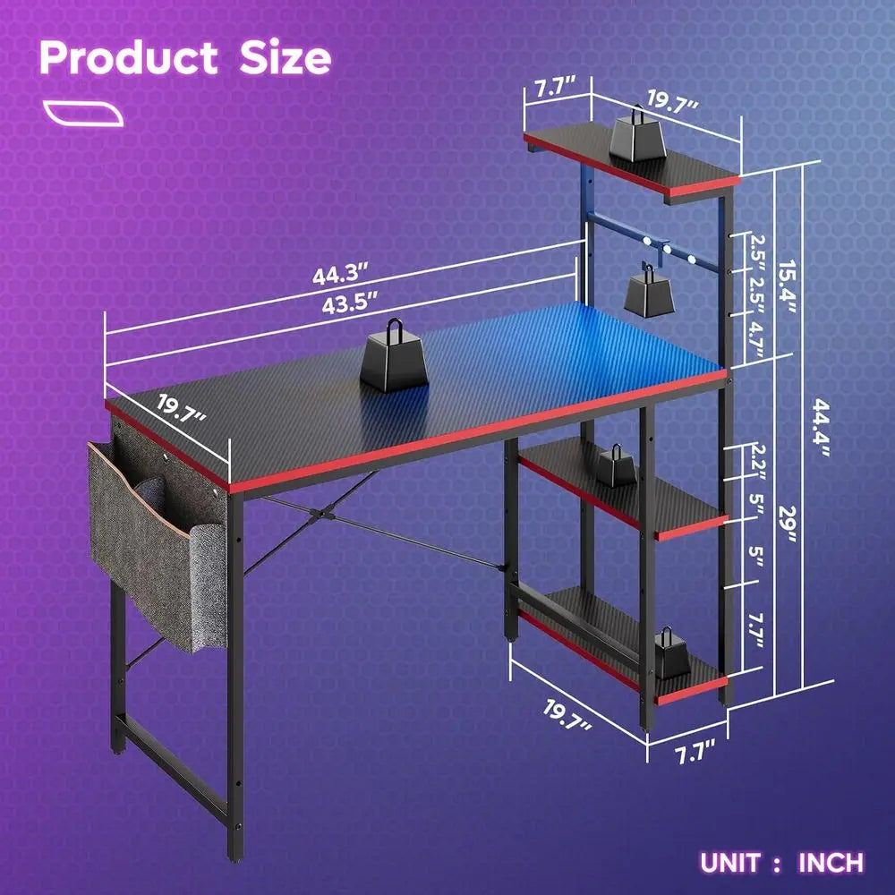 Gaming Desk with LED Lights, 44 Inch PC Gamer Desk or Small Spaces, Computer Desk with Reversible Storage Shelves & Side Storage