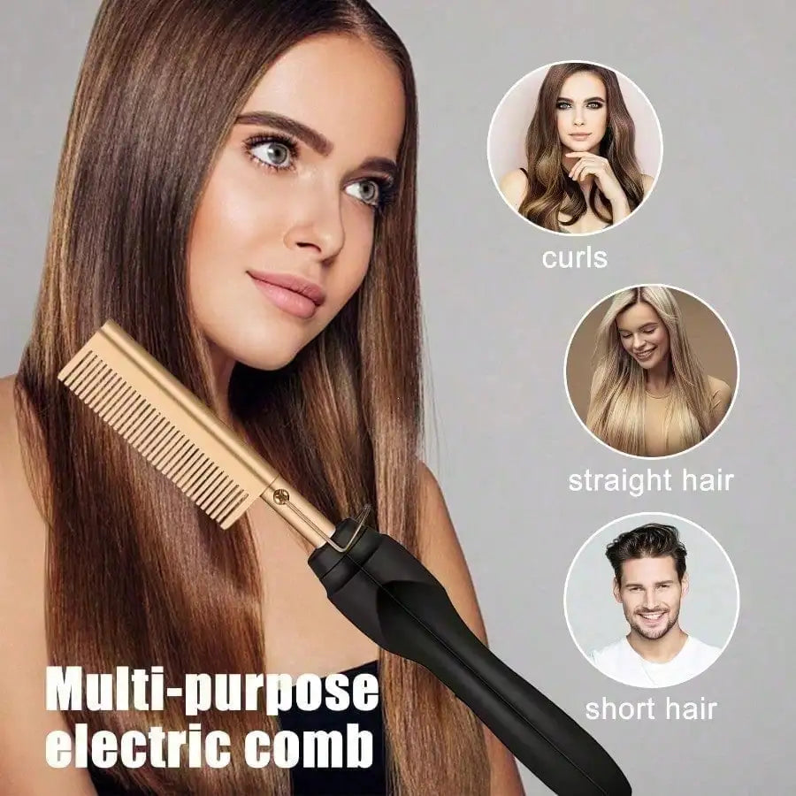 Electric Hair Straightening Brush — 2-in-1 Styling Comb (Straightening & Curling) — Suitable for Wet, Dry, and Synthetic Hair