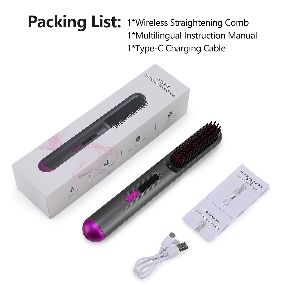 Portable Hair Straightener Brush 4 Temp Setting Cordless Straightening Comb LED Display Ceramic Coating Ionic Technology USB