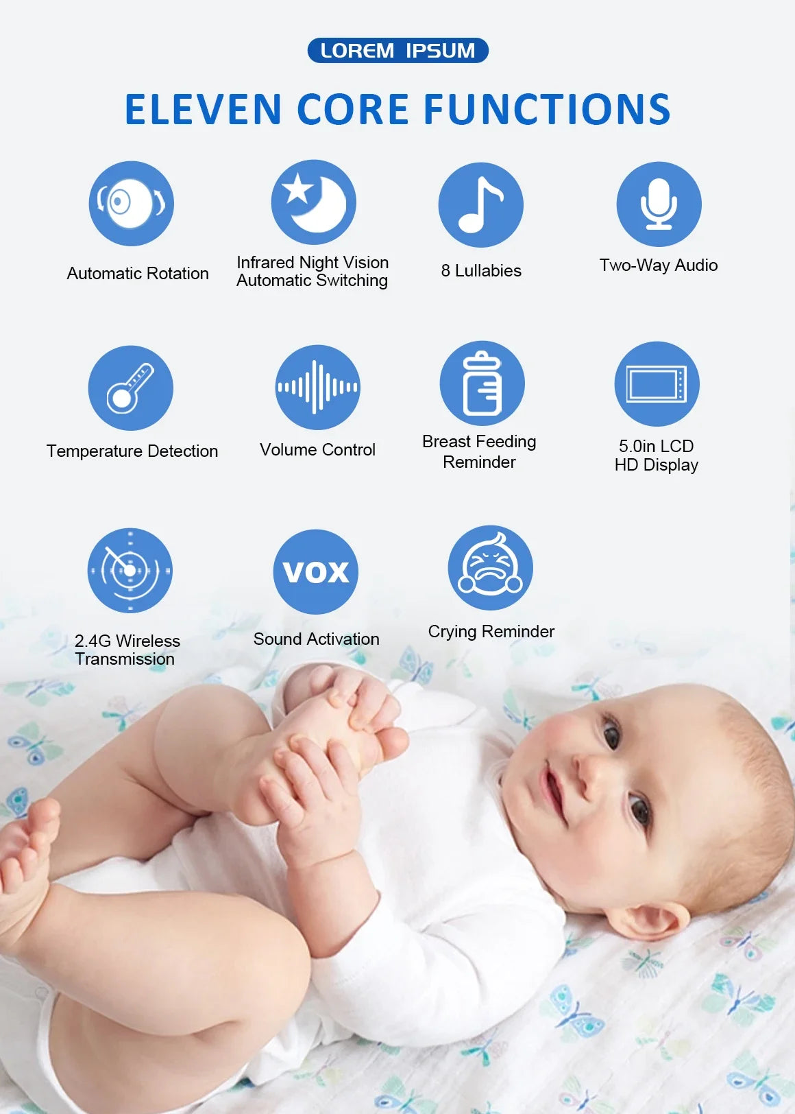 Monitor your little one with ease using this 5.0-inch video baby monitor—featuring a wireless pan-tilt camera, two-way audio, night vision, wake-up, and USB charging for convenience and security!