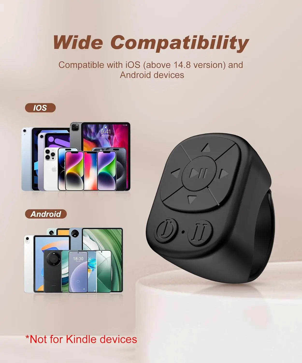 Scroll, snap, and control with ease using this TikTok scrolling ring! Compatible with iPhone, iPad, and Android devices via Bluetooth. Features remote page turning, camera shutter, short video, and music controls—all from your finger!