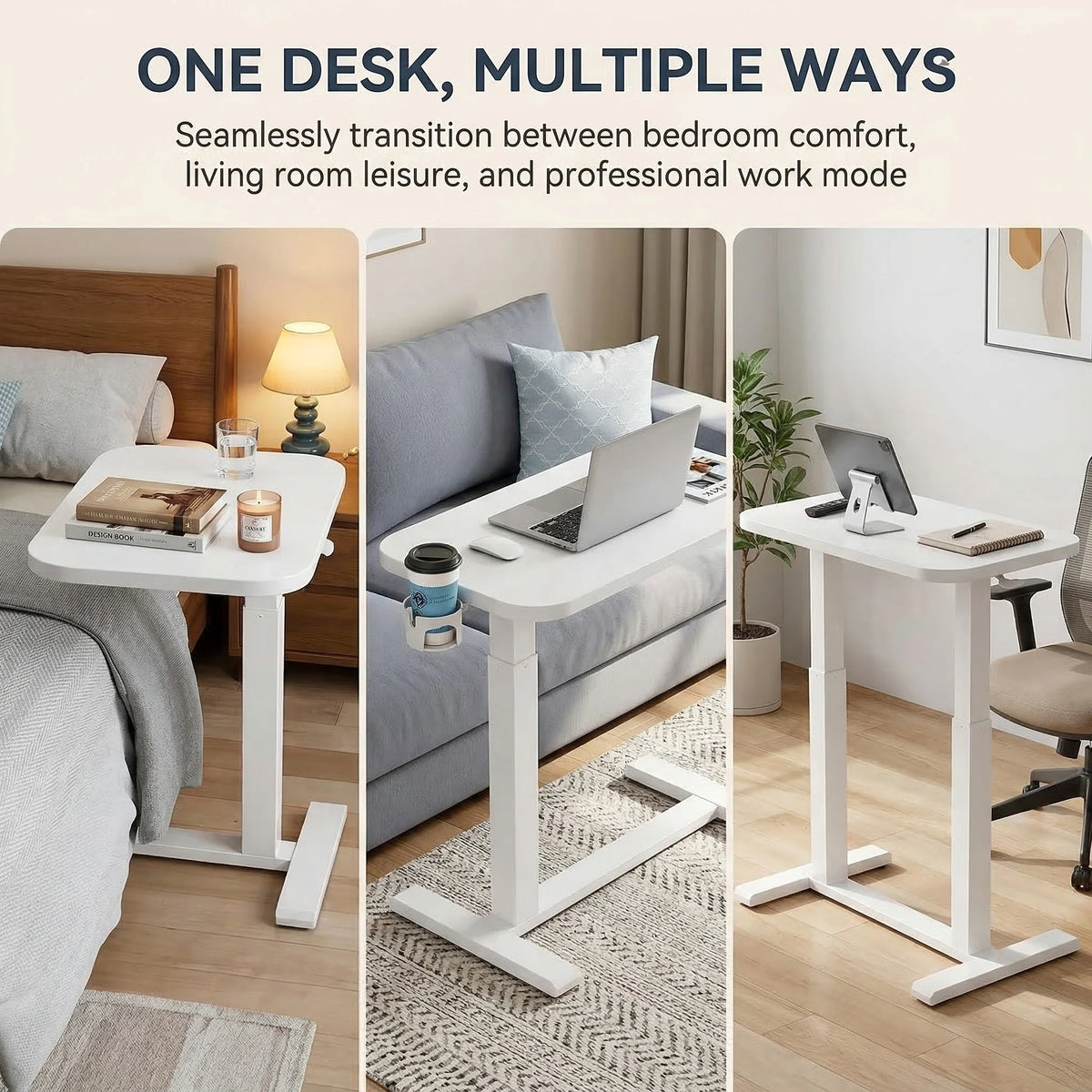 28/32Inch Bedside Table with Wheels, Height-Adjustable Rolling Computer Cart, Overbed Table with Cup Holder, Pneumatic Laptop Standing Desk for Home Office