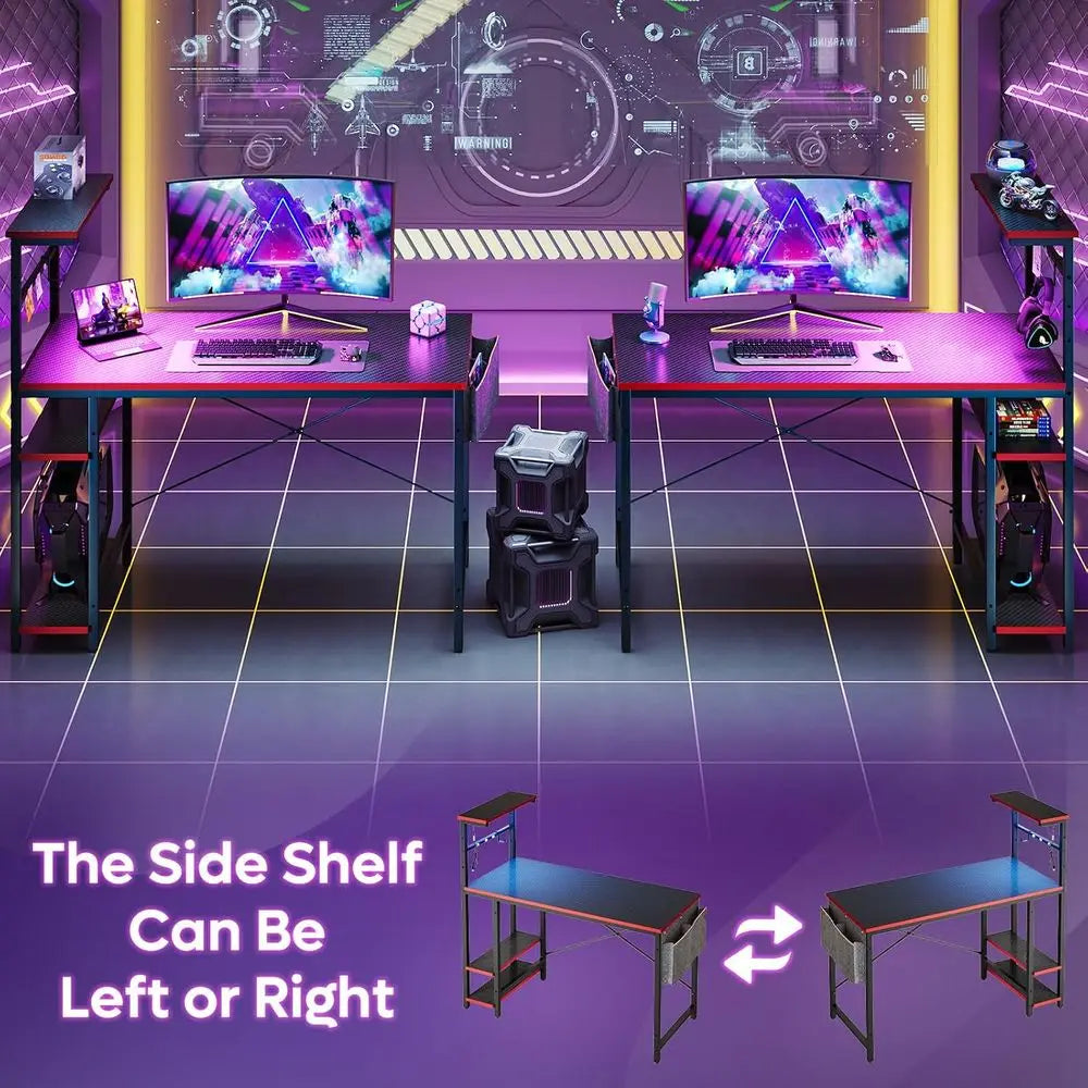 Gaming Desk with LED Lights, 44 Inch PC Gamer Desk or Small Spaces, Computer Desk with Reversible Storage Shelves & Side Storage