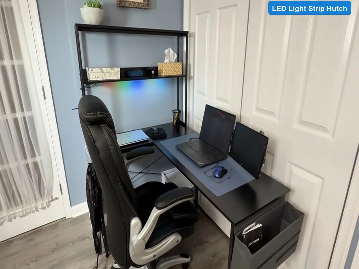 L Shaped Gaming Desk 53 Inch with LED Light Power Outlets Reversible Shelves Computer Corner Black Home Office Study