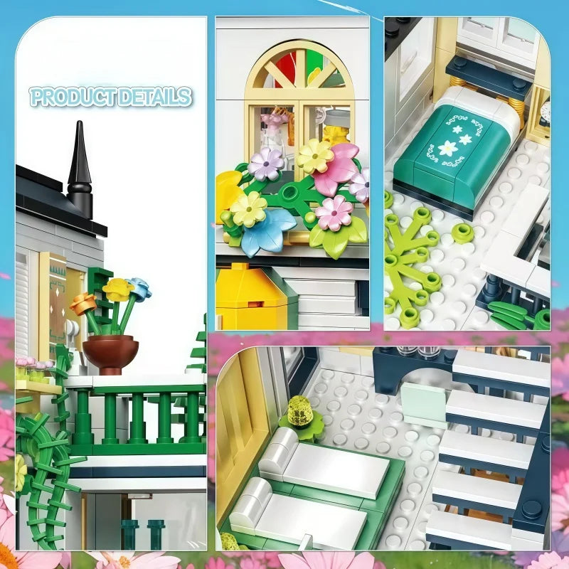 Garden Hotel Building Blocks Set, 3-Story City Street View Bricks Model, Creative DIY Assembly Toy for Kids Adults, Collectible