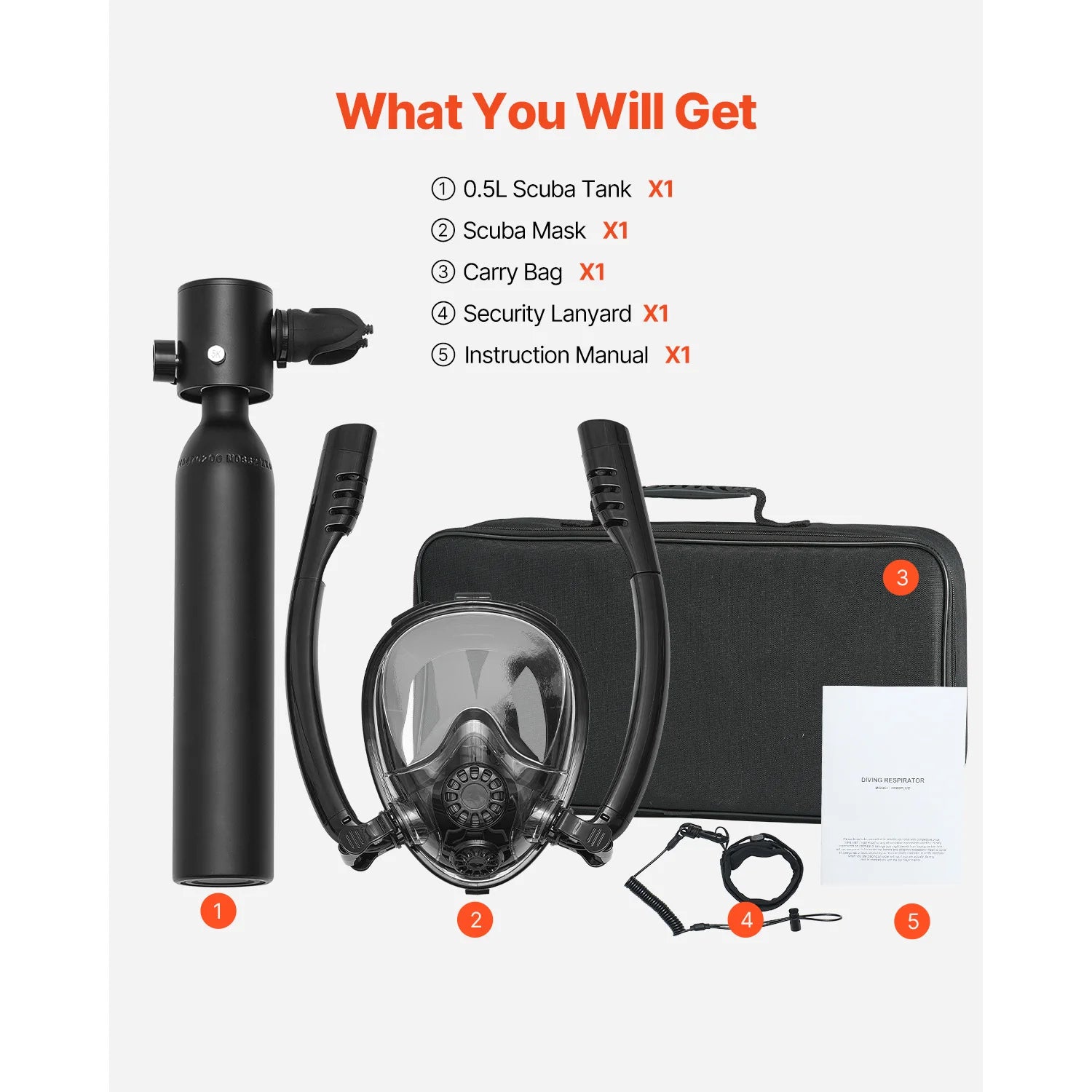 SucceBuy Scuba Tank 0.5L Portable Scuba Diving Tank Diving Oxygen Cylinder Support 5-10Minute Underwater Breathing 98.43ft Depth