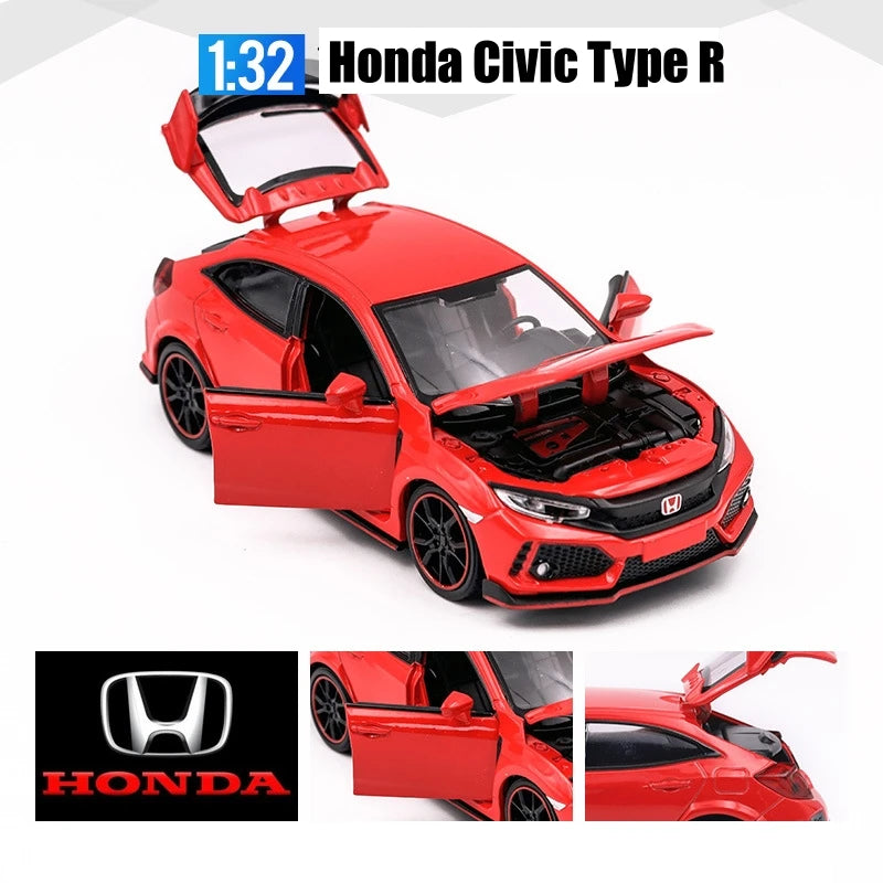 1/32 Honda Civic Type R Toy Car For Children Diecast Miniature Model Pull Back Doors Openable Sound Light Collection Gift Boys