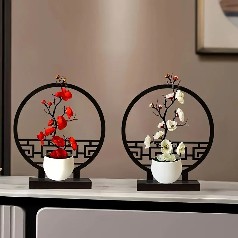 1set Chinese-Inspired Artificial Plum Blossom Bonsai with Screen Base - Versatile Tabletop Decor for Various Rooms, Ideal for