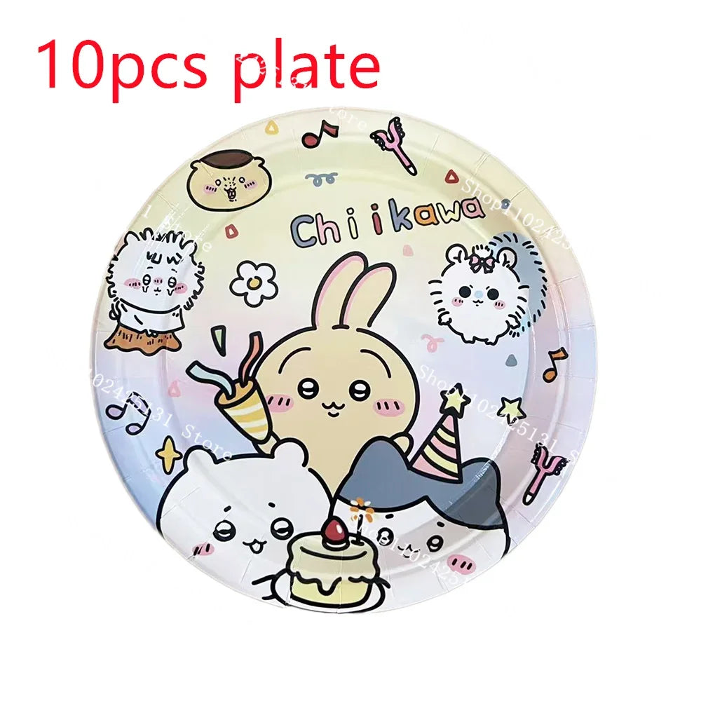 Chiikawa kawaii Happy Birthday Party Decorations Cute plate Banner Cake Topper Flag Balloons Disposable tableware Decorations