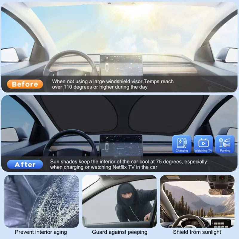 Car Windshield SunShade Sun Visor Foldable Parasol Blocks UV Rays For Tesla Model Y 2016-2026 Model 3 higland 2024 2025