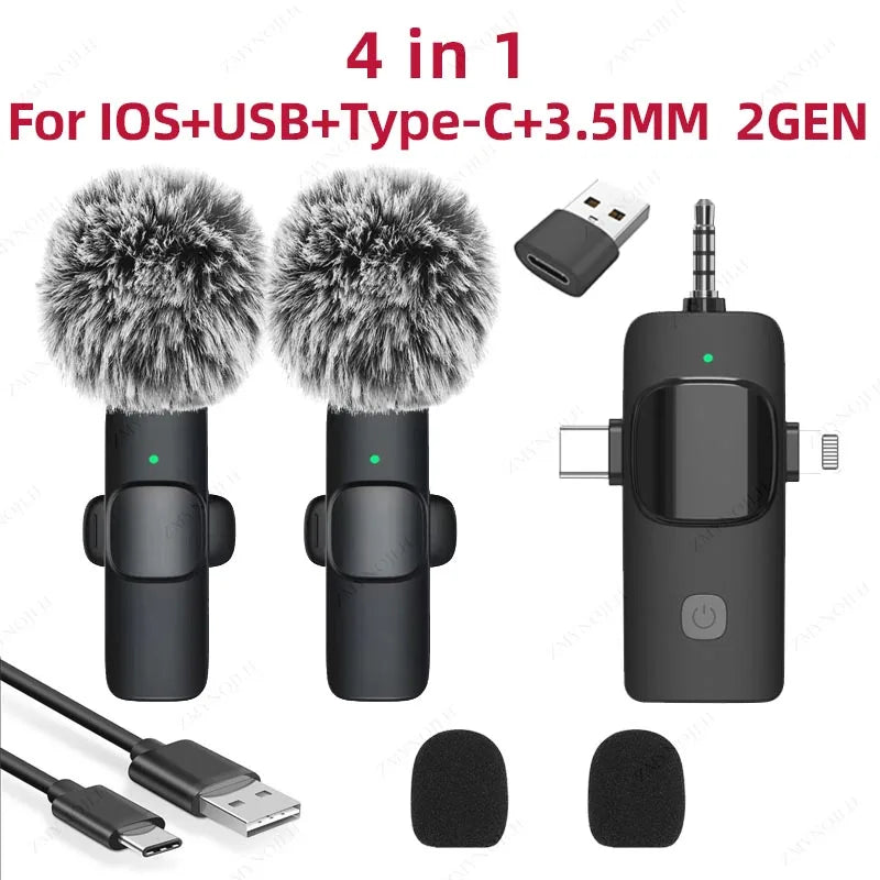 Capture crystal-clear audio on the go with this professional 4-in-1 wireless lavalier microphone—compatible with iPhone and Android devices for versatile, high-quality recording!