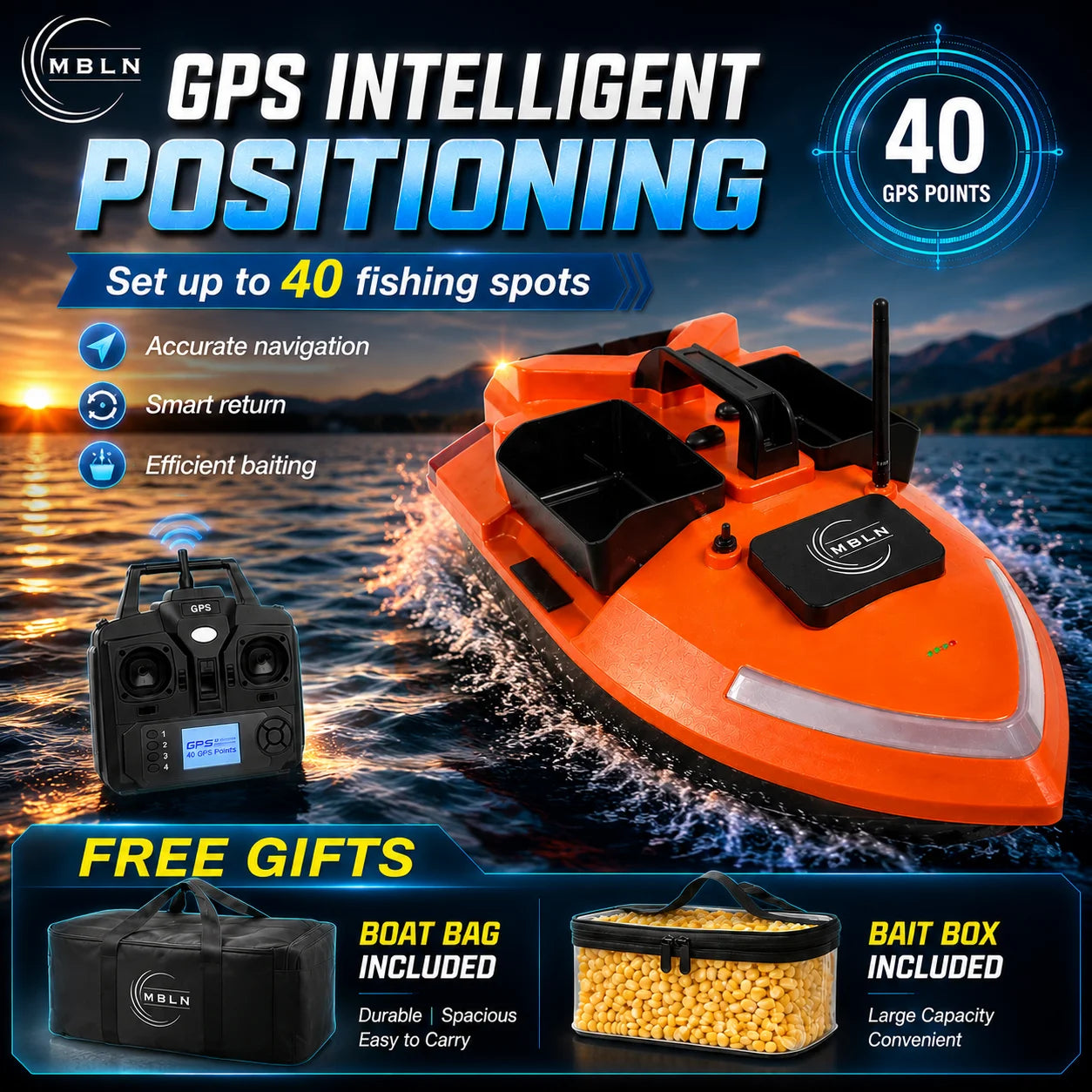 GPS RC Bait Boat with 40 GPS Points, Smart Return, Long Battery Life, 2KG Load, Free Boat Bag & Bait Box
