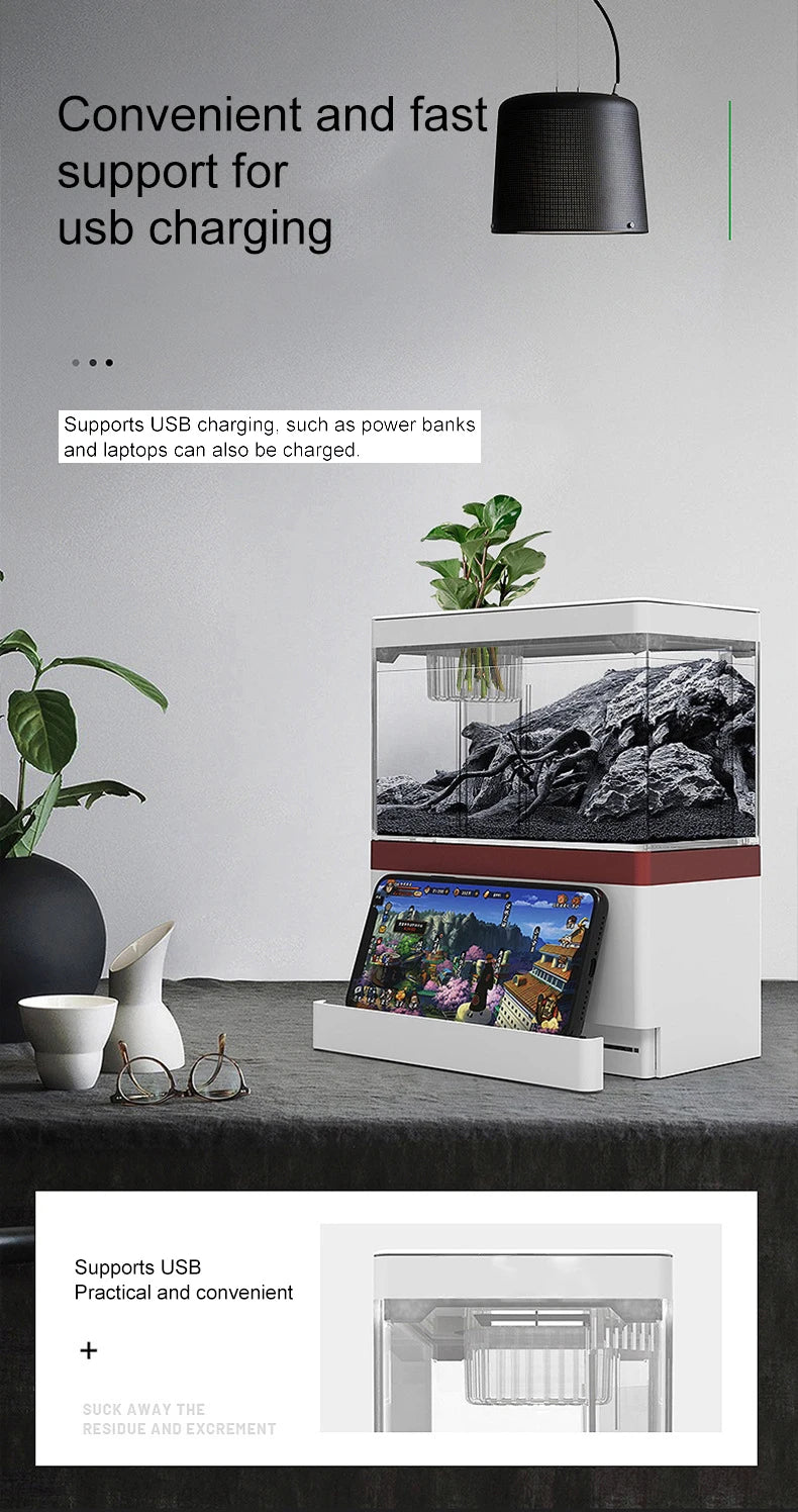 Mini Fish Tank Self-Circulating Fish Tank with Charging Filter Desktop Living Room Household Water Free Ecological Aquarium